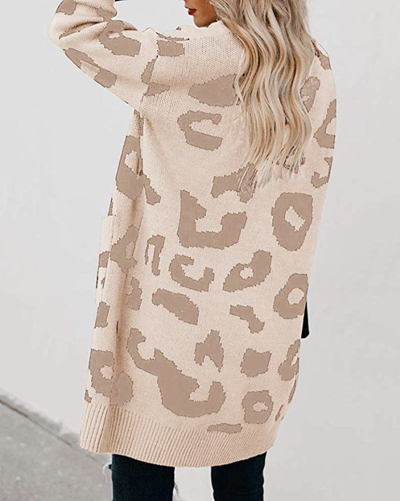 Women Leopard Design Pockets Knitting Cardigans
