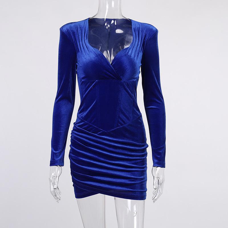 Sexy Women Slim Long Sleeves Suede Bodycon Dresses-Blue-S-Free Shipping at meselling99