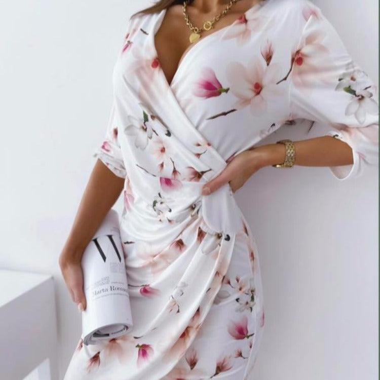 Sexy Floral Print  V Neck Women Short Dresses