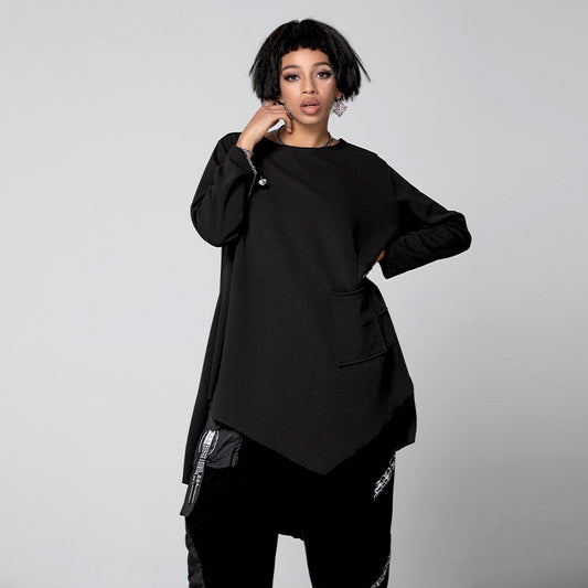 Black Round Neck Irregular Women Long Sleeves T Shirts