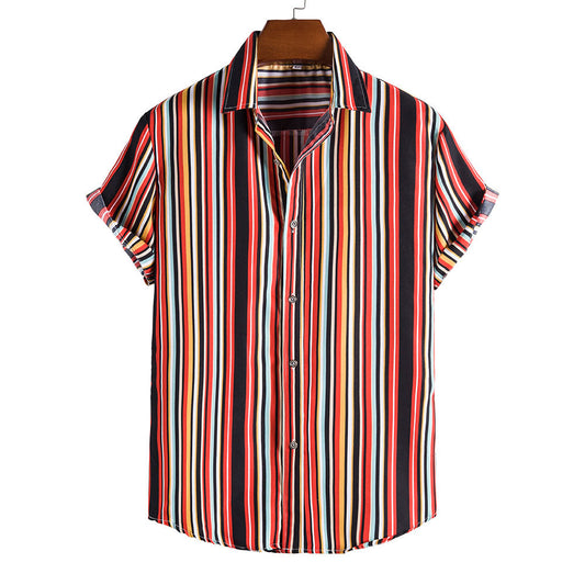 Red Striped Summer Casual Men's Short Sleeve Shirts