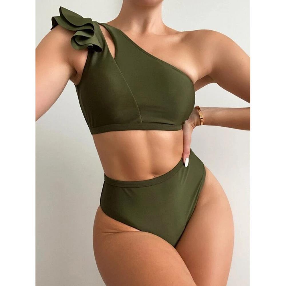 Army Green High Waist Ruffled Bikini-STYLEGOING