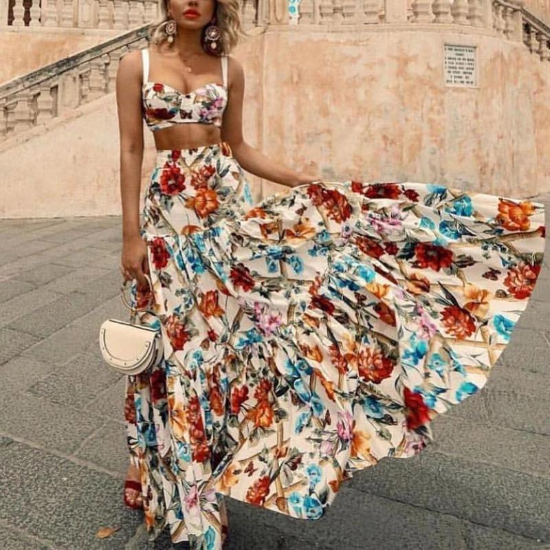 New Summer Holiday Floral Print Two Pieces Sets-STYLEGOING