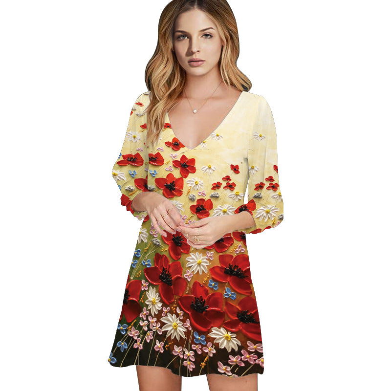 Casual Floral Print 3/4 Length Sleeves Short Dresses