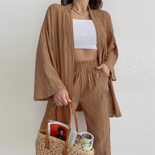 Casual Long Sleeves Tops & Wide Legs Pants Women 2Pcs Sets