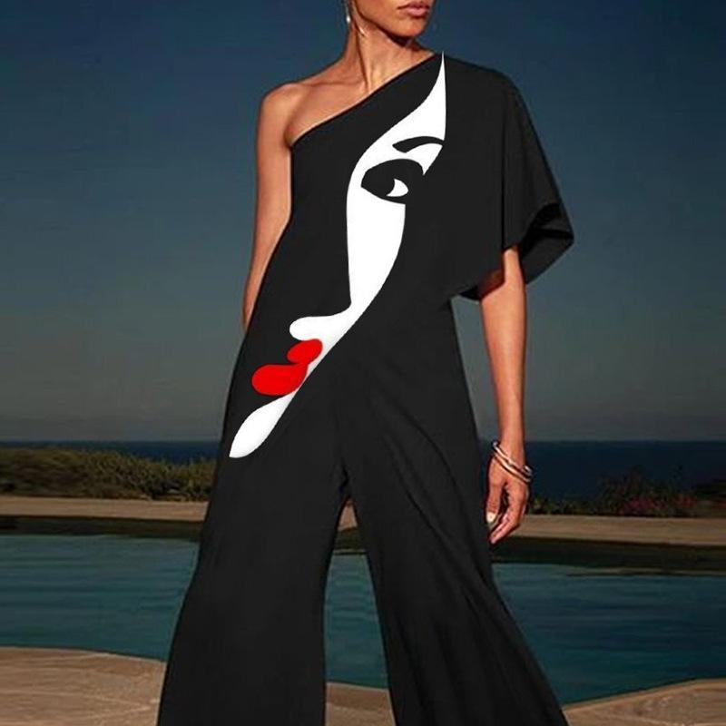 New Summer Fashion Face Print One Shoulder Jumpsuits-STYLEGOING