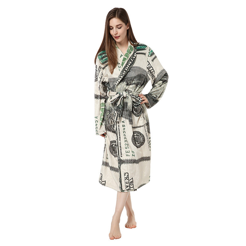 Casual Dollar Print Fleece Warm Sleepwear Night Gown