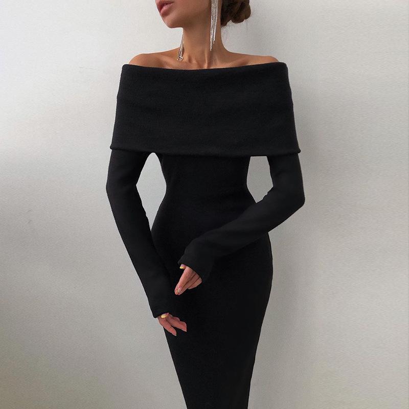 Black Off The Shoulder Long Sleeves Bodycon Dresses-Black-S-Free Shipping at meselling99