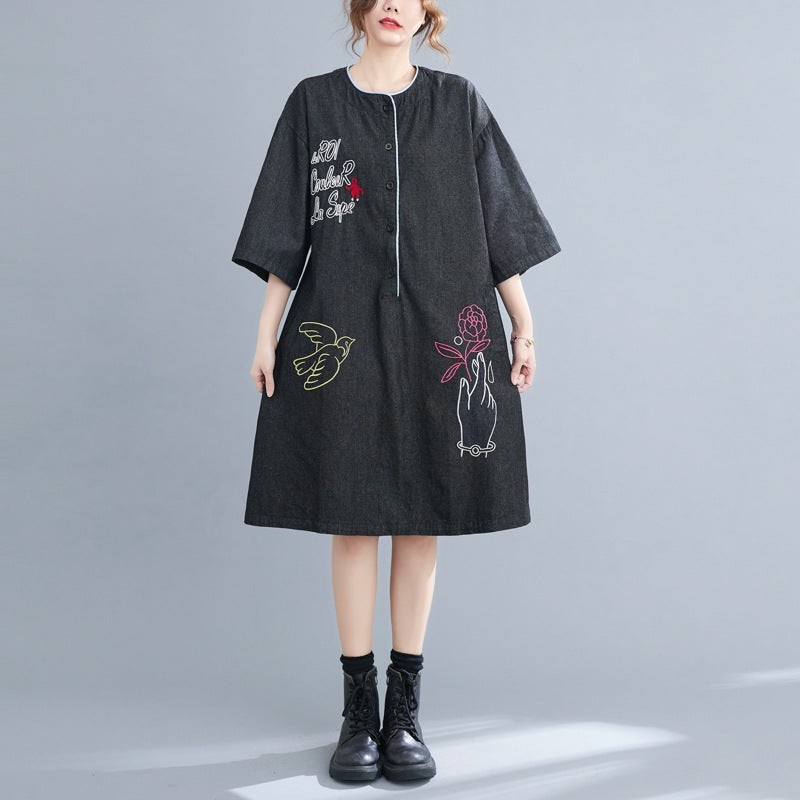 Ethnic Embroidery Plus Sizes Denim Midi Dresses