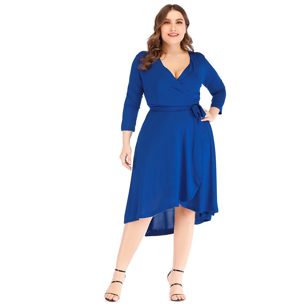 Plus Sizes V Neck Blue Women Fall Dresses-STYLEGOING