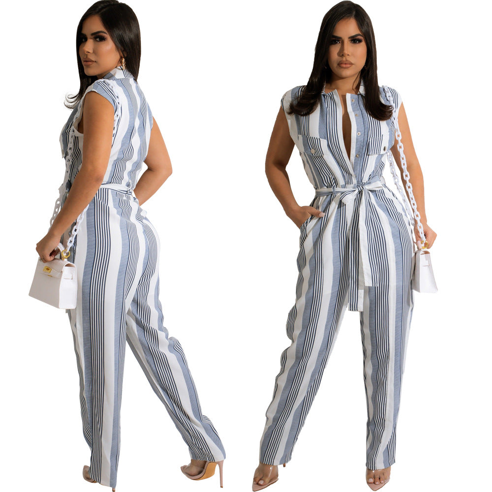 Casual Striped Women Jumpsuits with Belt