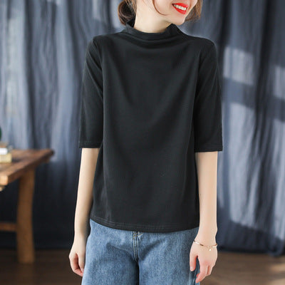 Vintage Half Sleeves Women High Neck T Shirts