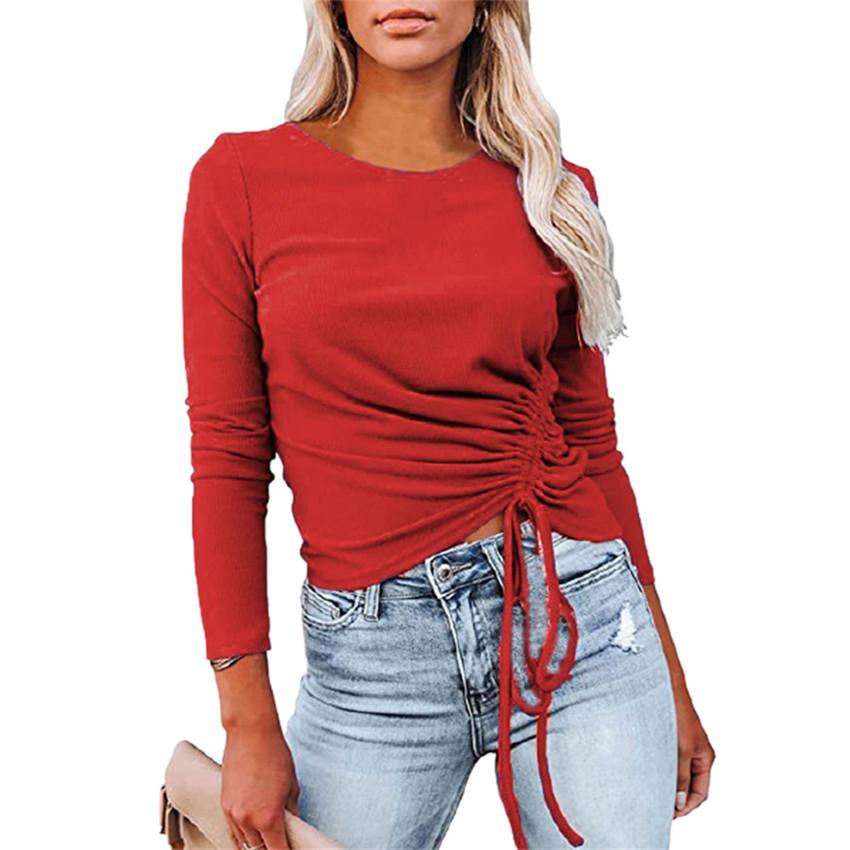 Women Sexy Round Neck Drawstring Long Sleeves T Shirts