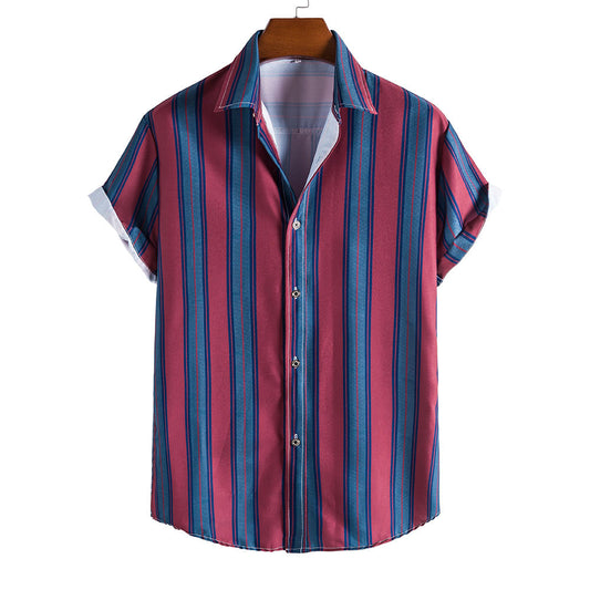 Red and Blue Striped Summer Short Sleeves Shirts for Men