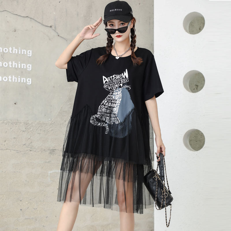 Cat Designed Tulle Loose Summer Black Midi Dresses