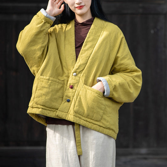 Vintage Linen Short Women Winter Outerwear