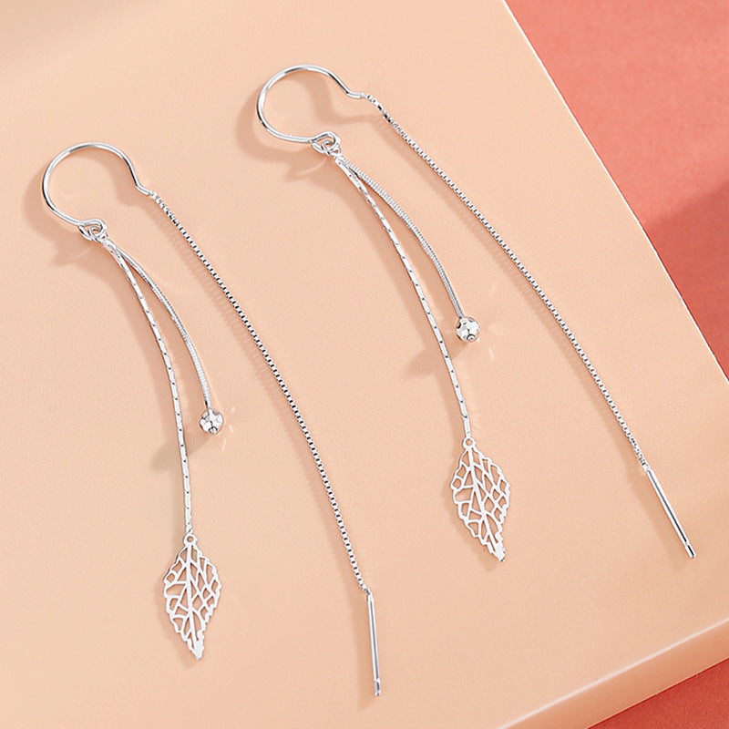 Leaf Design Sterling Sliver Long Tassel Earrings for Women
