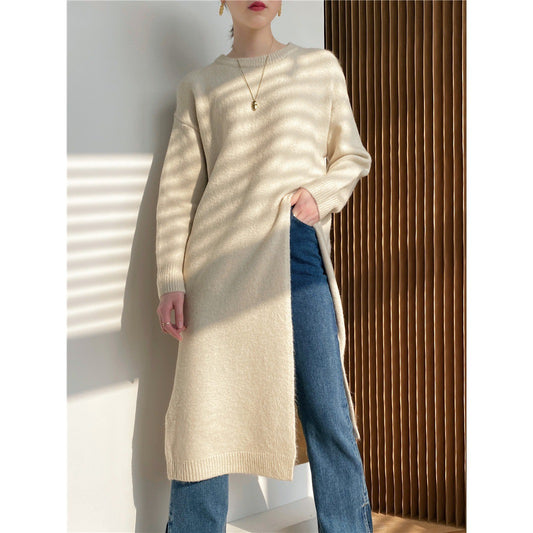 Warm Knitting Split Design Pullover Long Dresses