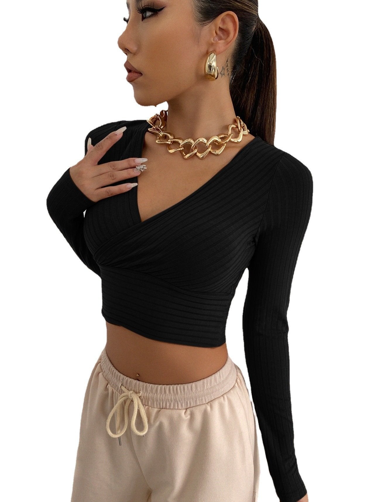 Sexy Deep V Neck Long Sleeves Women Short Tops--Free Shipping at meselling99