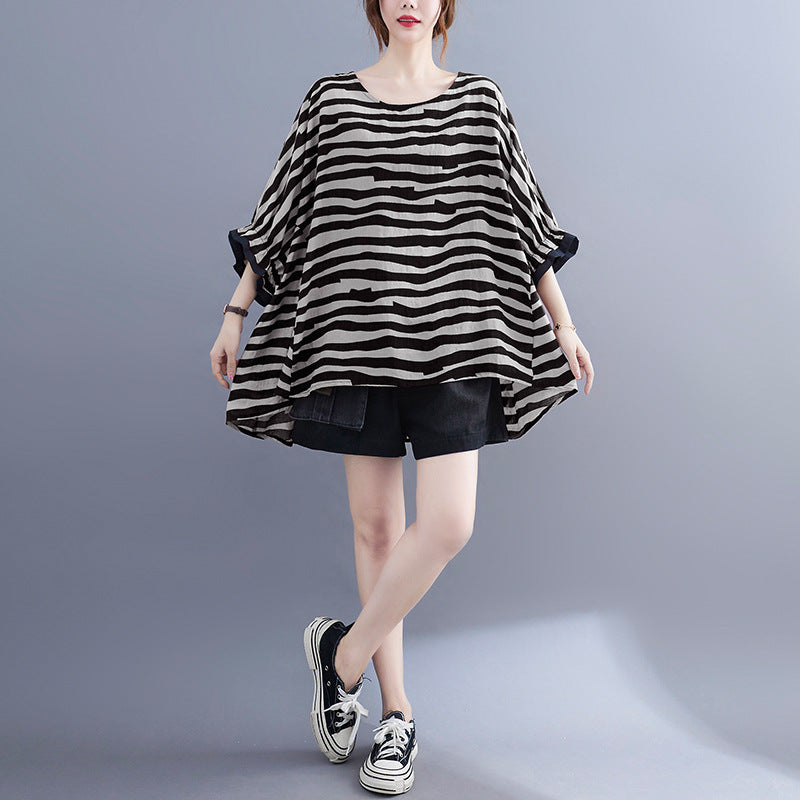 Casual Striped Summer Women Bat T Shirts and Shorts