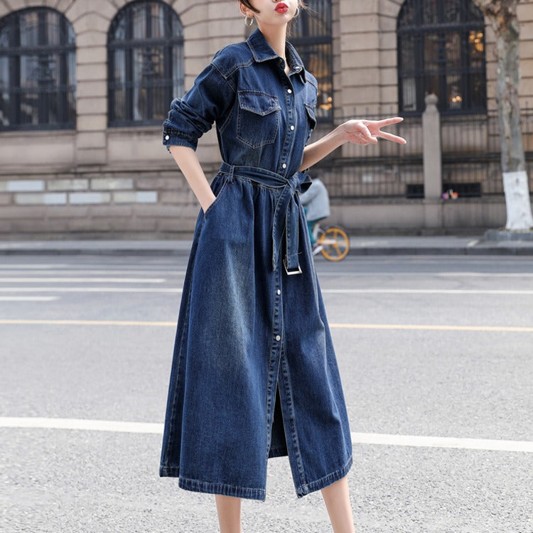 Vintage Denim Fall A Line Long Shirts Dresses