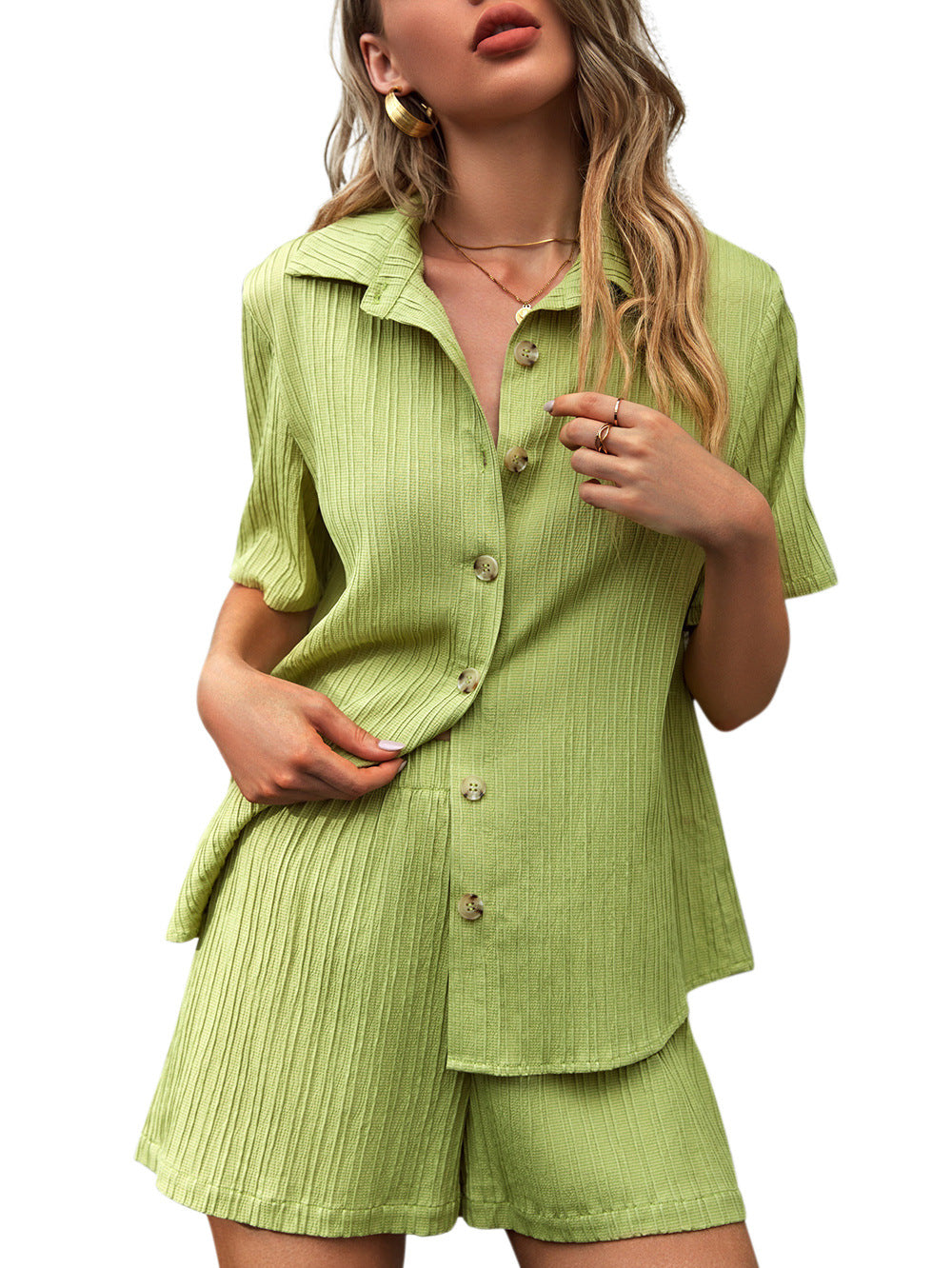 Summer Green Casual Tops & Shorts Women Suits