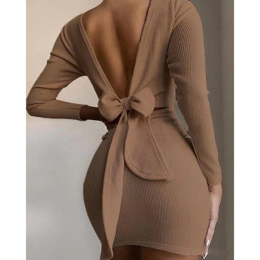 Sexy Bowknot Backless Knitting Mini Dresses-Coffee-S-Free Shipping at meselling99