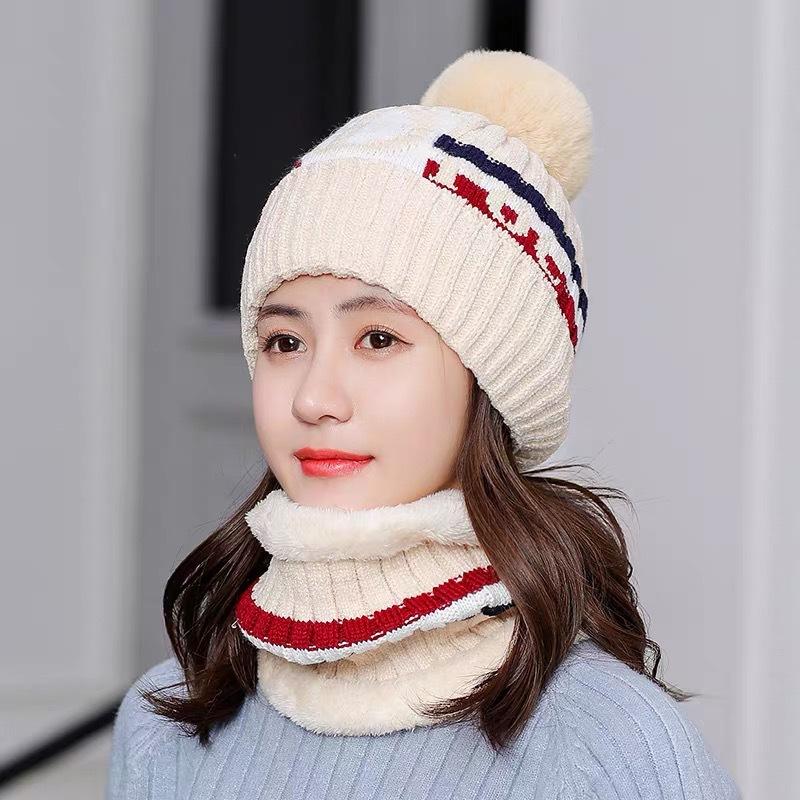 Women Fleeced Lined Knitting Warm Hats+Scarfs-Ivory-56-60cm-Free Shipping at meselling99