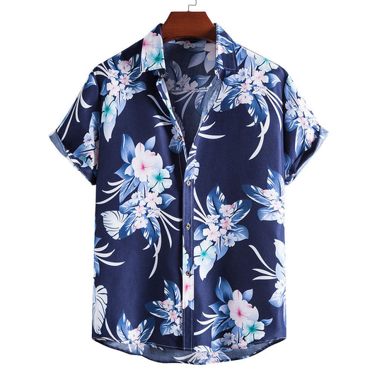 Blue Floral Print Men's Summer Short Sleeves T Shirts