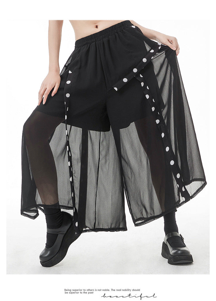 Black Tulle Dot Print High Waist Wide Legs Pants