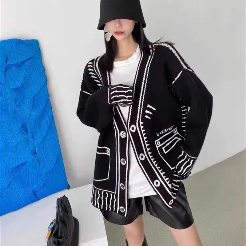 Black and White Graffiti Loose Knitted Sweater Cardigans