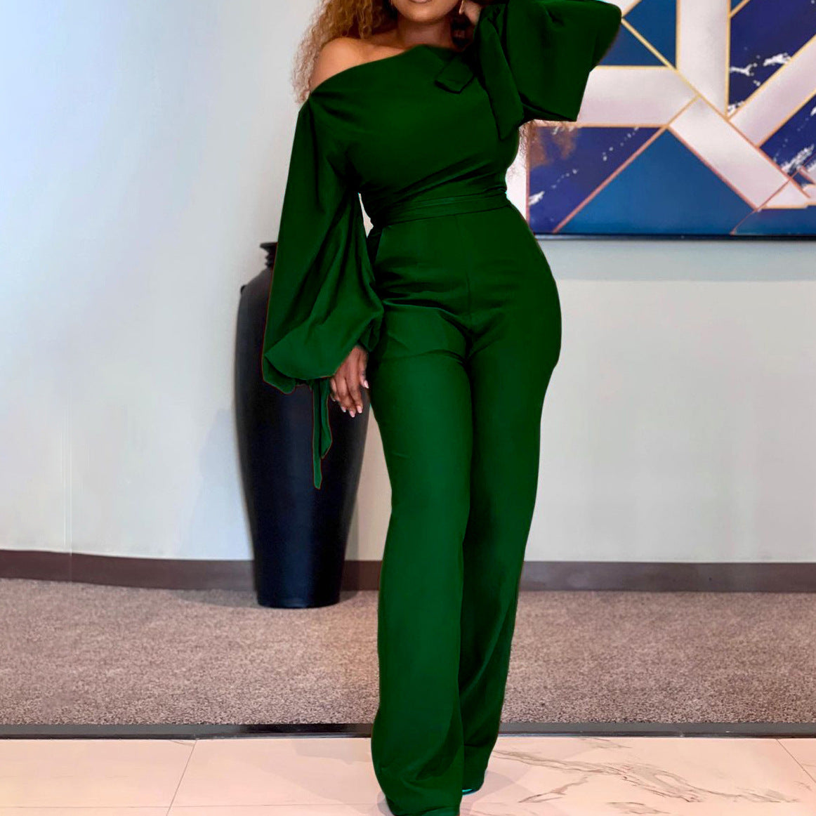 Sexy One Shoulder High Waist Plus Sizes Wide Legs Jumpsuits