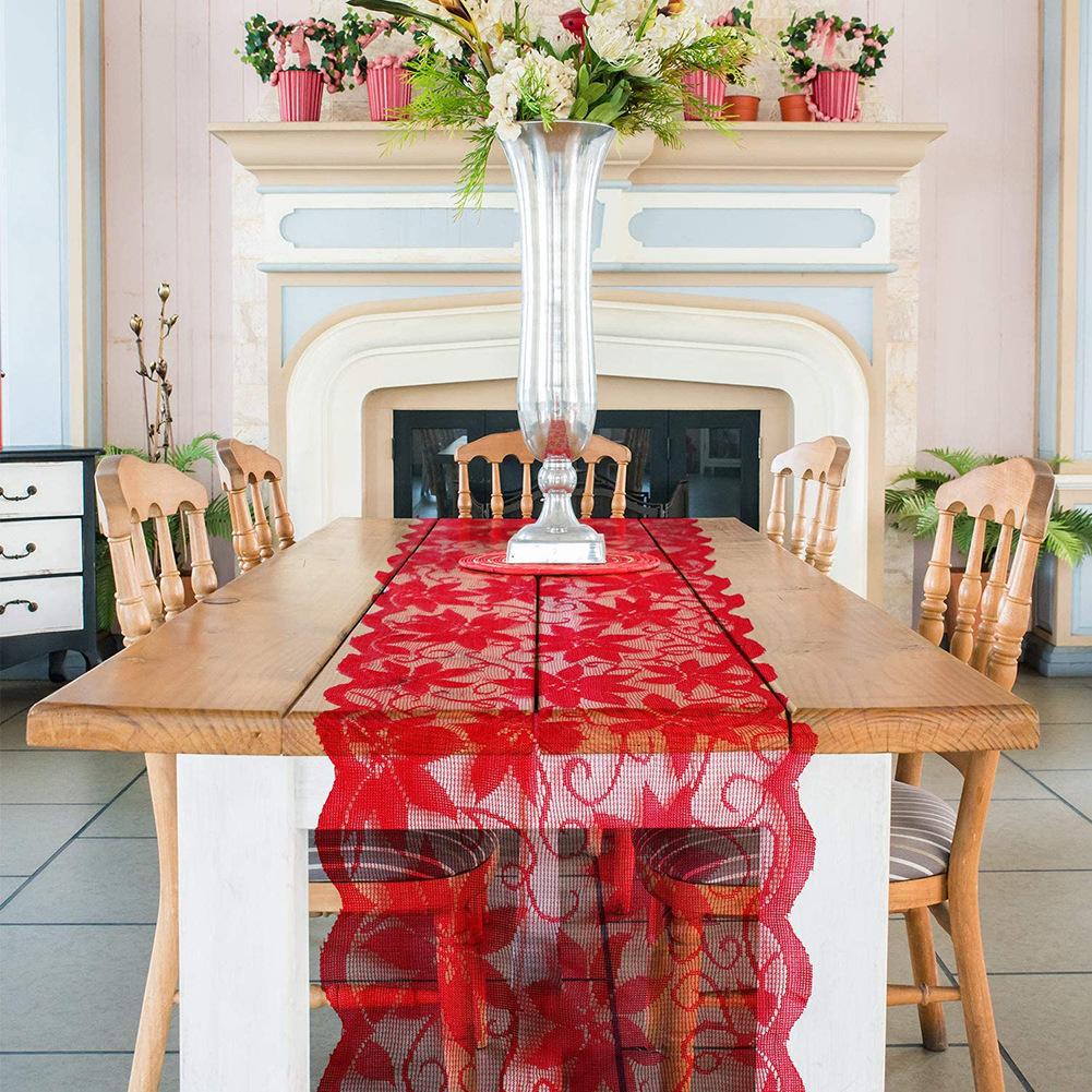 Merry Christmas Red Floral Lace Table Runner