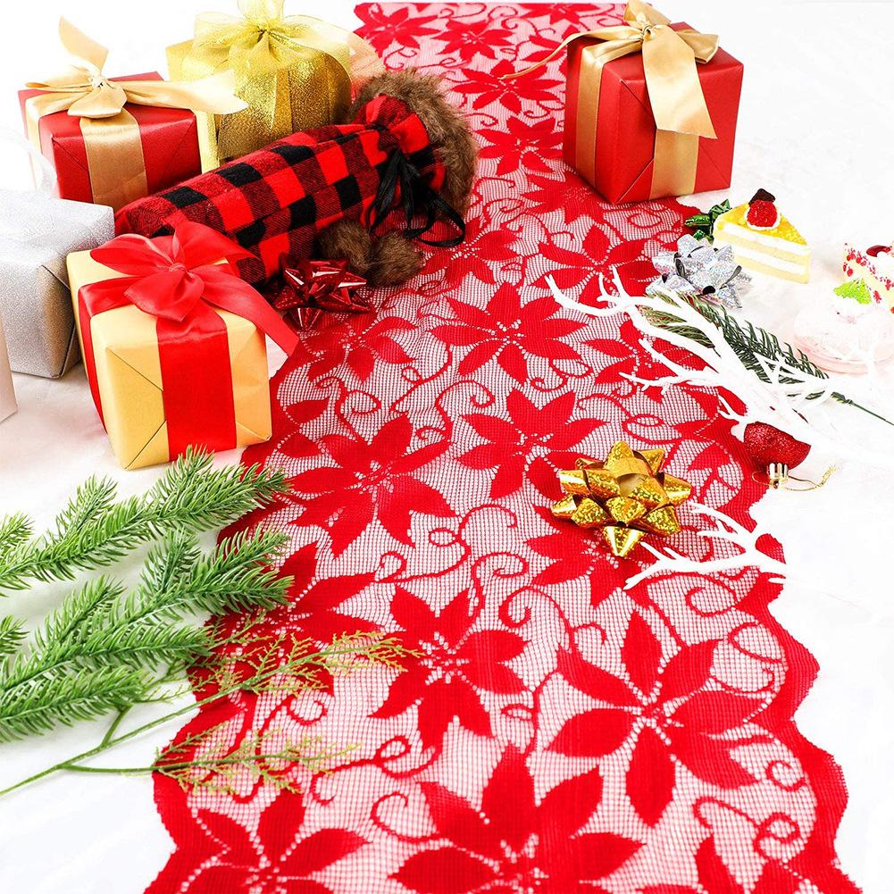 Merry Christmas Red Floral Lace Table Runner