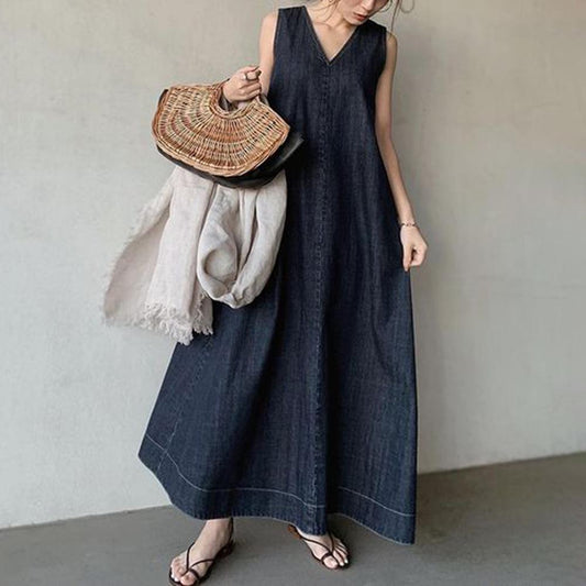 Summer Cozy Demin Lace Up Back Long Dresses-STYLEGOING