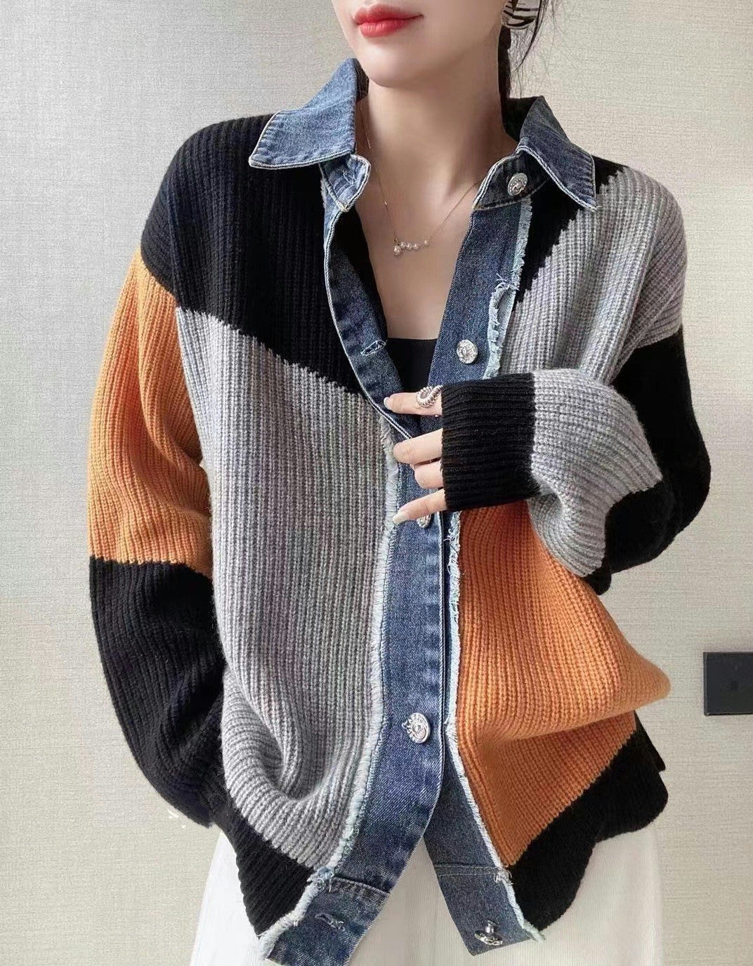 Women Fall Denim Knitting Sweater Outerwear