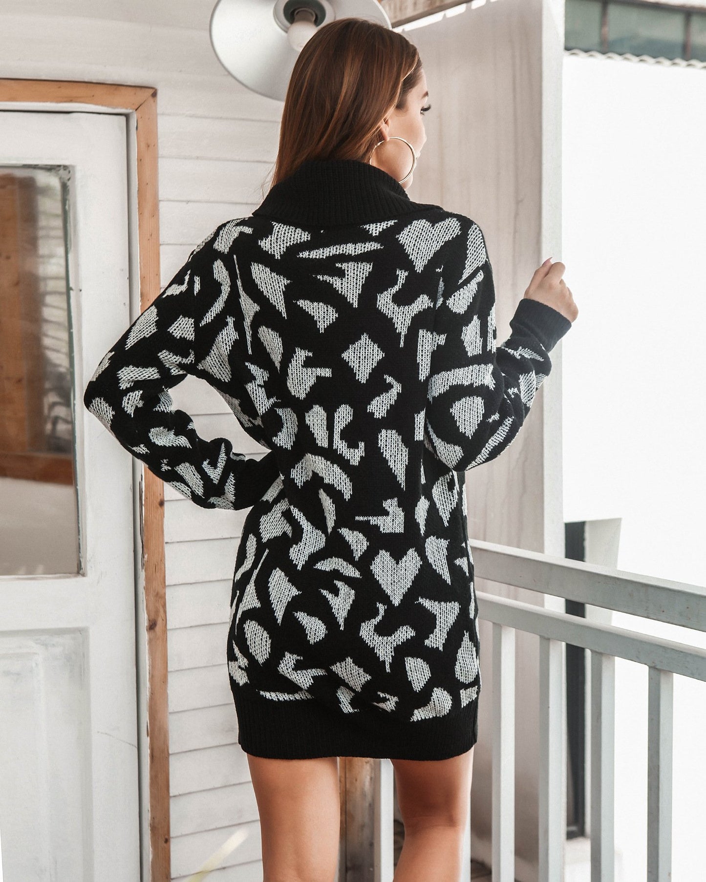 Leopard Turtleneck Knitting Sweater Dresses for Women