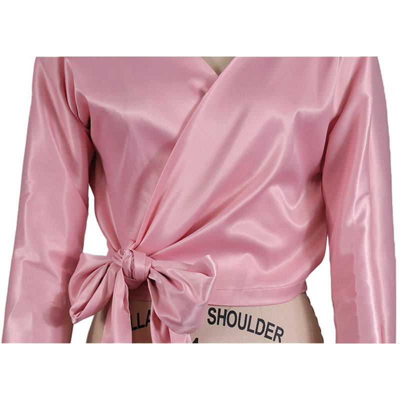 Sexy V Neck Satin Long Sleeves Tops for Women