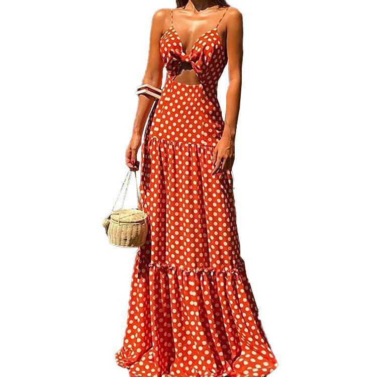 Summer Beach Bohemia Dot Print Red Dresses-STYLEGOING