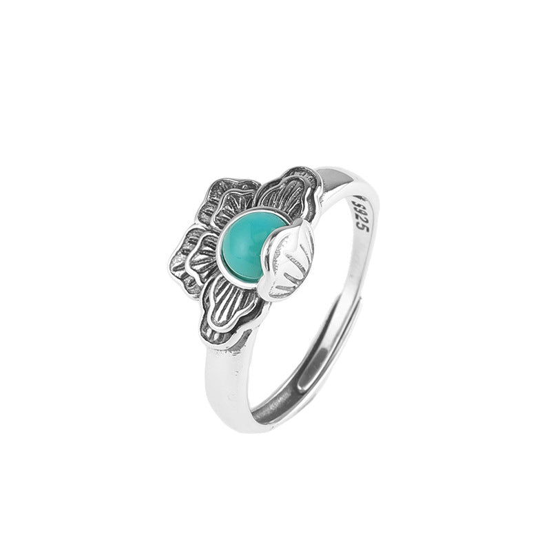 Retro Peony Designed Agate Sterling Silver Rings for Women