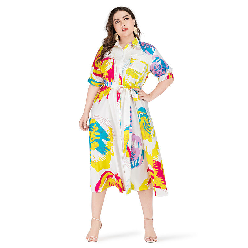 Women Floral Print Midi Plus Sizes Shirts Dresses