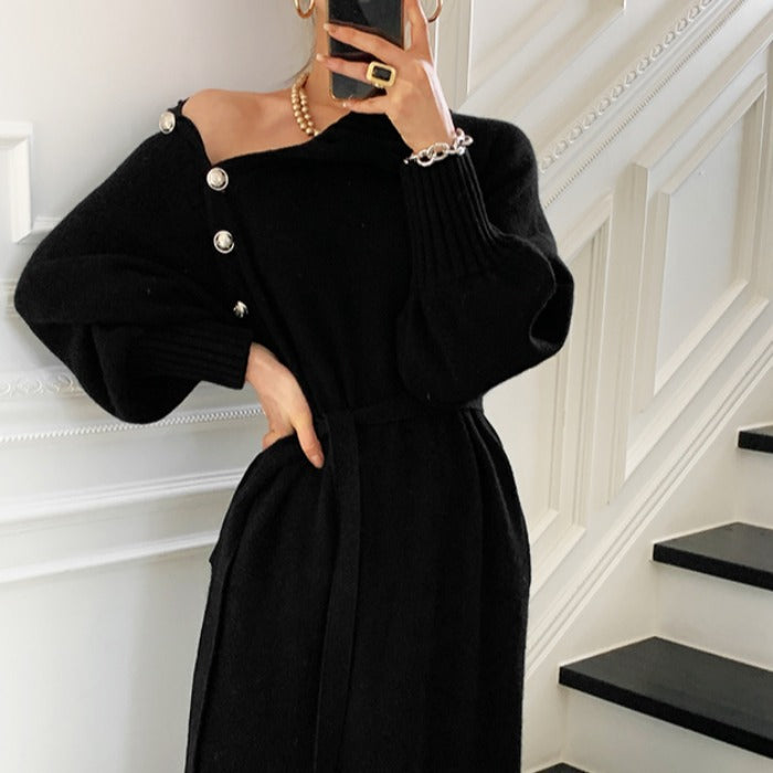 Loose Turtleneck Lace Up Knitted Winter Long Dresses