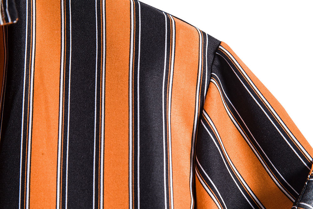 Orange and Black Striped Casual Short Sleeves Shirts for Men