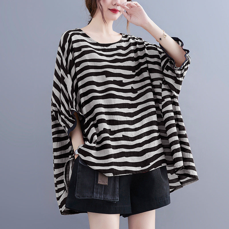 Casual Striped Summer Women Bat T Shirts and Shorts