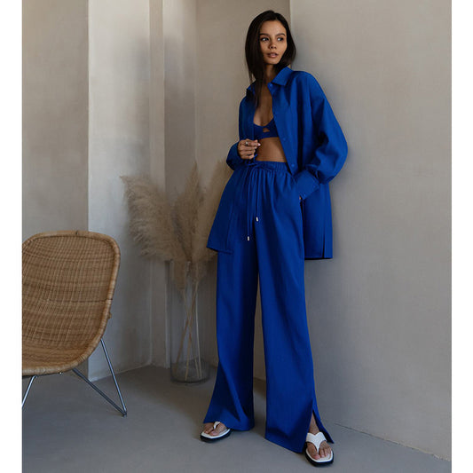 Casual Long Sleeves Shirts and Wide Legs Pants Suits