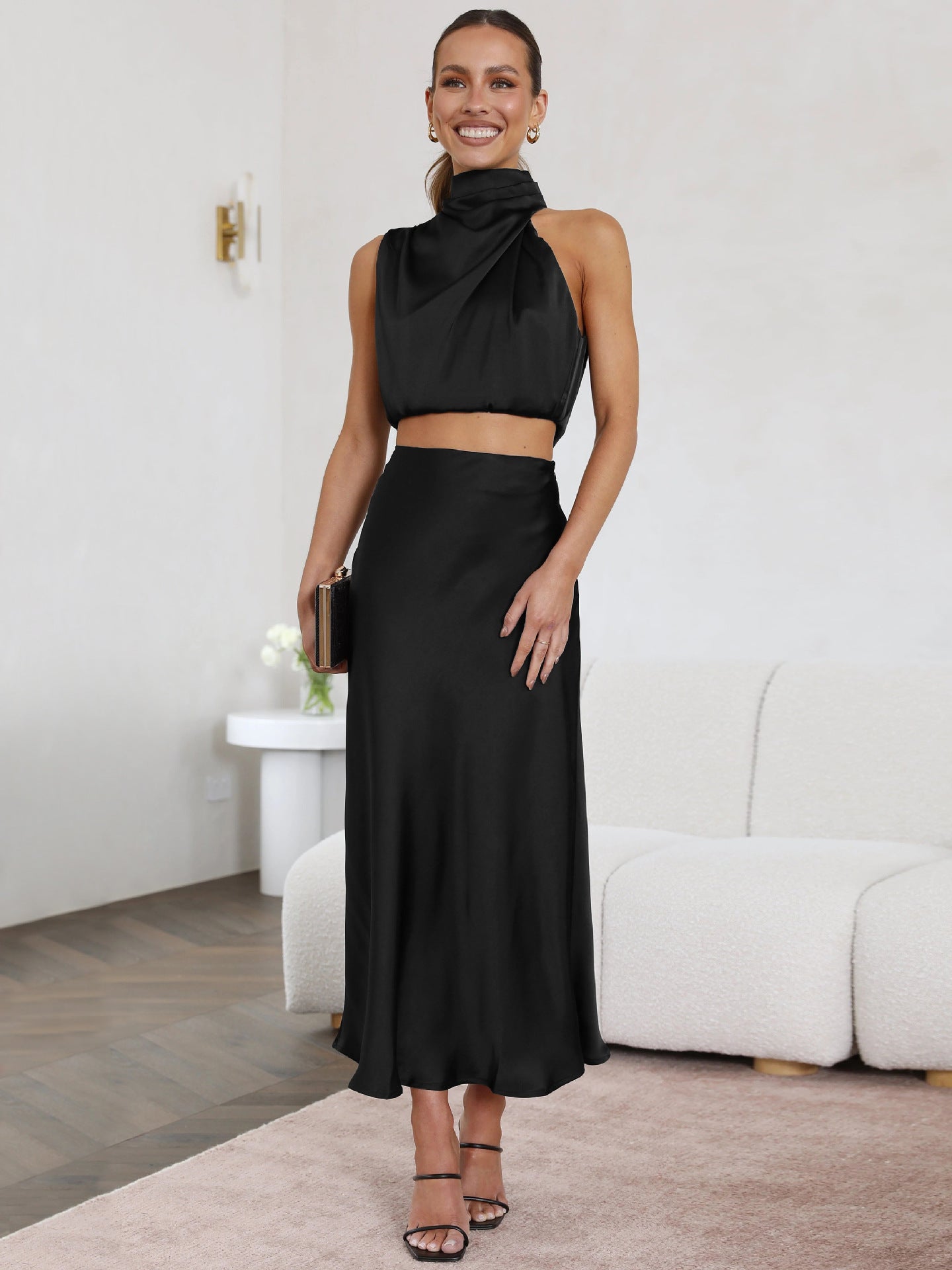 Sexy High Neck Tops and Long Skirts Two Pieces Evening Dresses