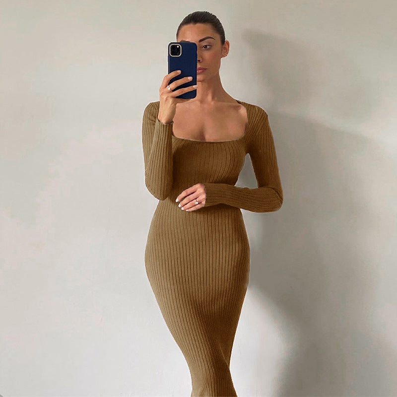 Sexy Square Neckline Long Sleeves Knitting Long Dresses