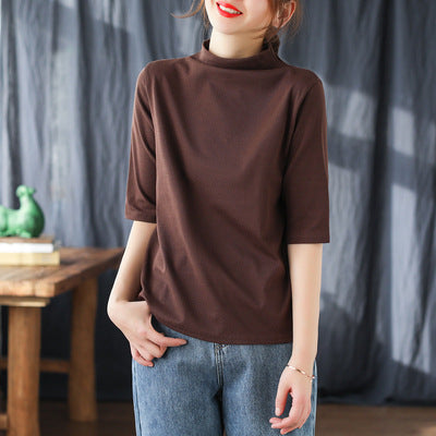 Vintage Half Sleeves Women High Neck T Shirts