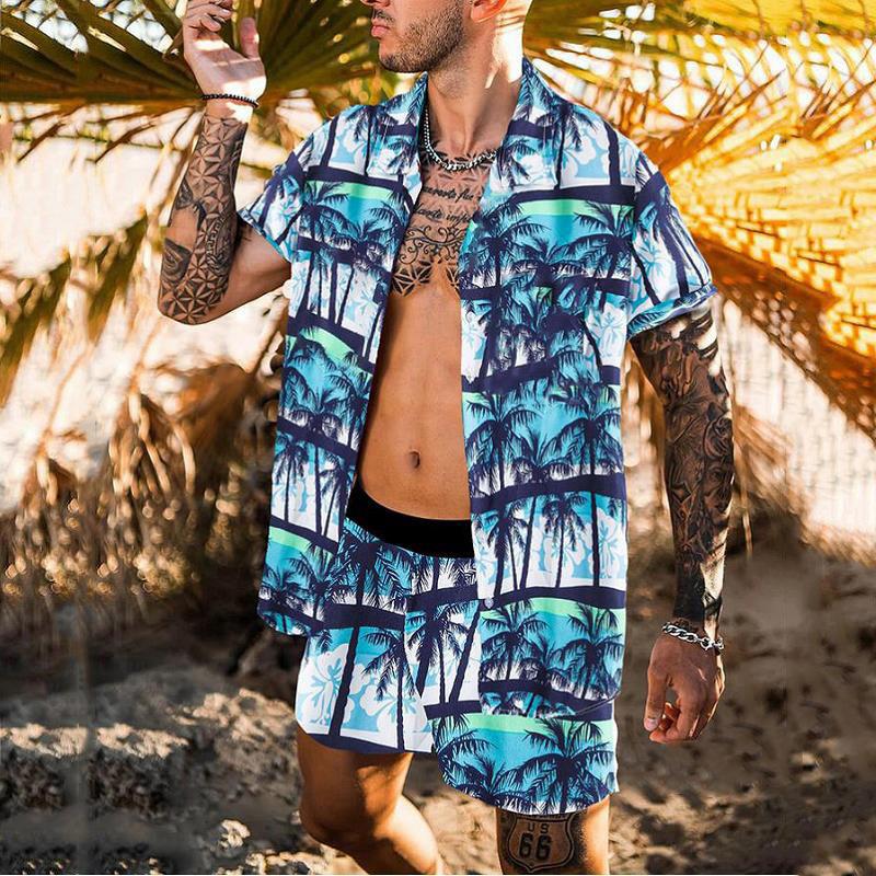 Summer Casual Print Men Beach T-shirts&Shorts Suits-STYLEGOING