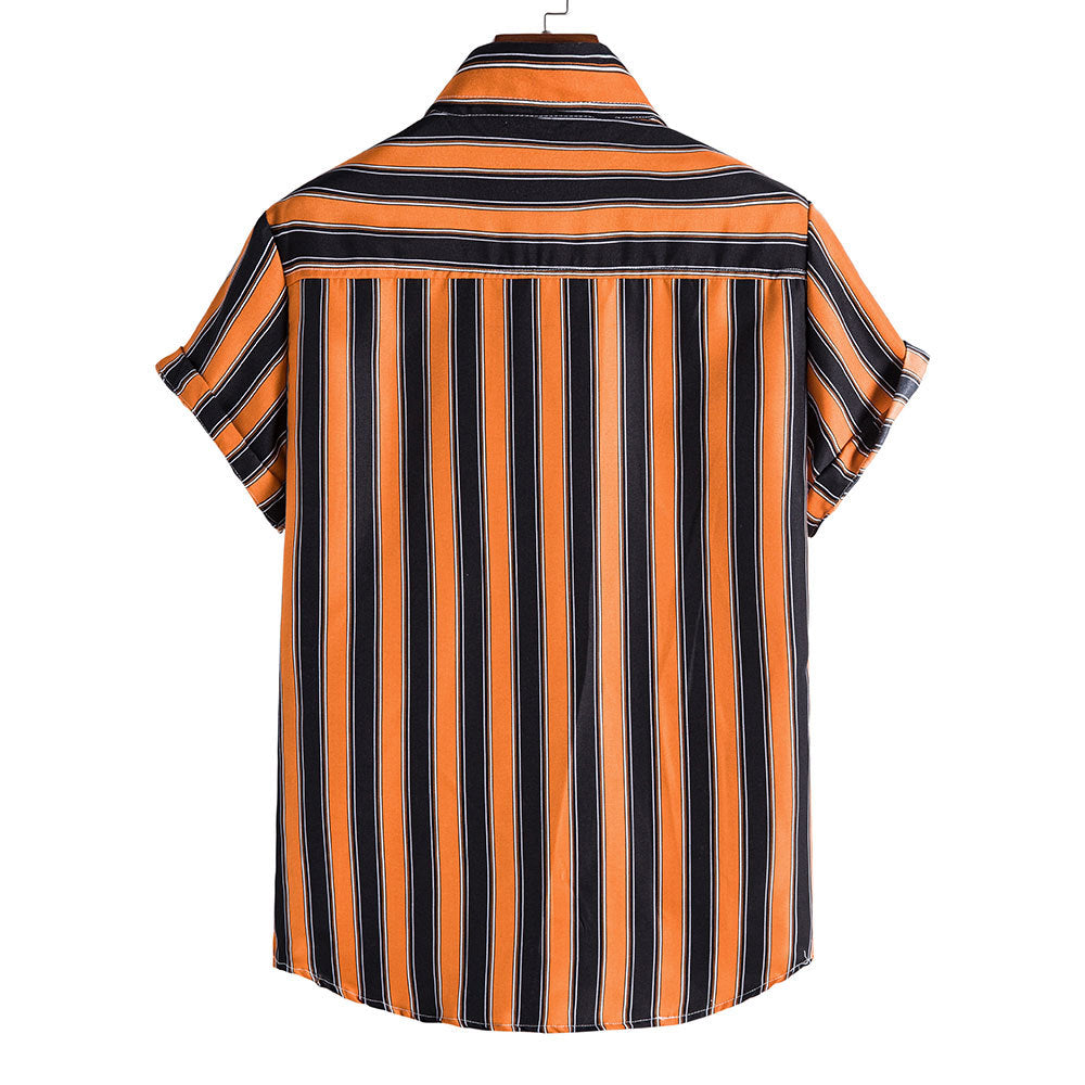 Orange and Black Striped Casual Short Sleeves Shirts for Men